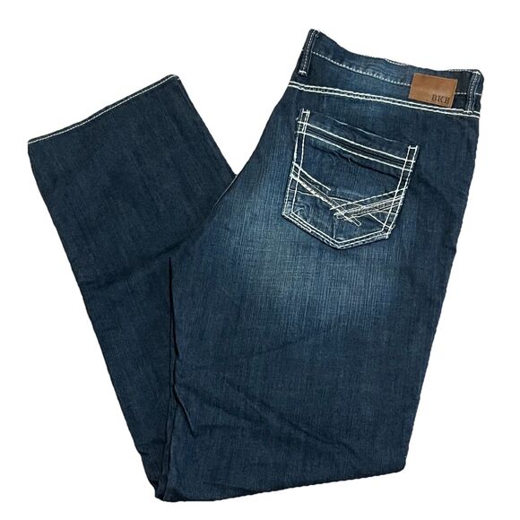 BKE Jeans Mens 44x38 Blue Denim Seth Boot Cut High Rise Buckle - Distressed - Picture 1 of 12